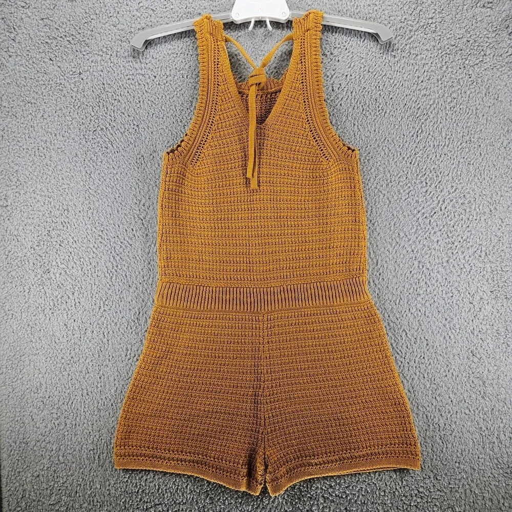 Universal Thread Women 100%‎ Cotton Yellow Brown Tie Front Romper Size XS